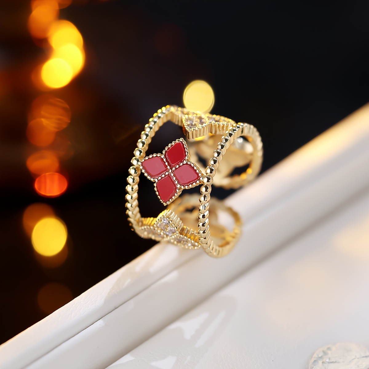 Women's Retro Four-Leaf Clover Open Ring, Unique Design